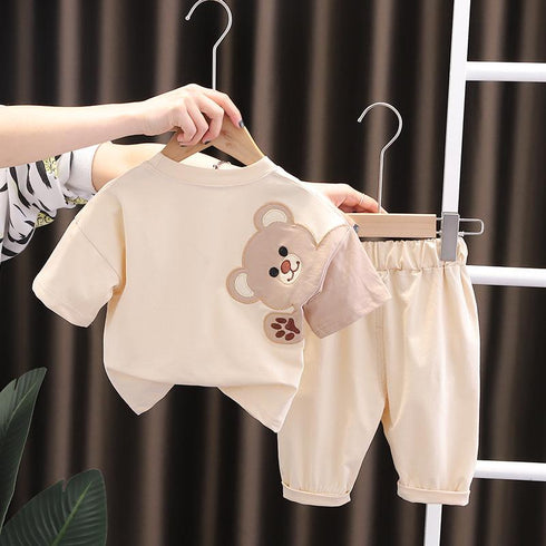 Handsome Round Neck Bear Short Sleeve Suit Casual Pants Two Piece Set